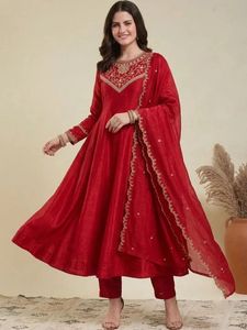 Red Embroidered Anarkali Kurta Set