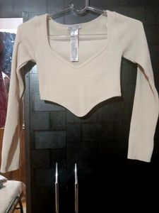 ZARA Ribbed V-Neck Full Sleeve Crop Top | Beige/Cr