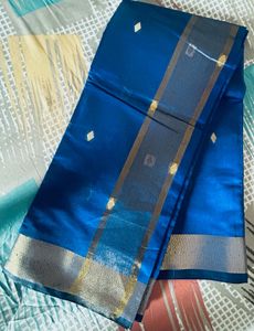 Elegant Blue Silk Saree, Gold Border with blou