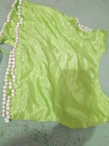 Lime Green Silk Blouse with Pearl Embellishments