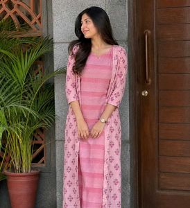 Stylish Sleeveless Pink Striped Kurta with shrug