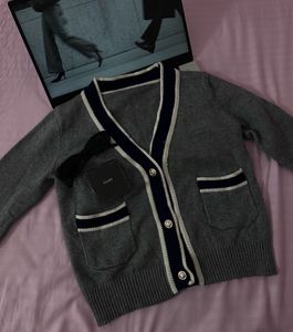 Grey V-Neck Cardigan with Navy Trim