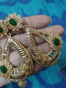 Designer Gold Tone Green Stone Earrings
