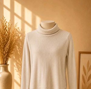Cream Ribbed Turtleneck Sweater