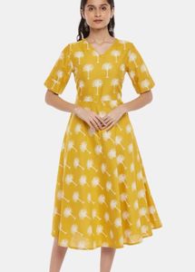 Yellow Palm Print Midi Dress