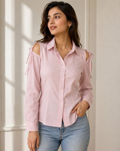 Cute Pink Cold Shoulder Shirt with Tie Details