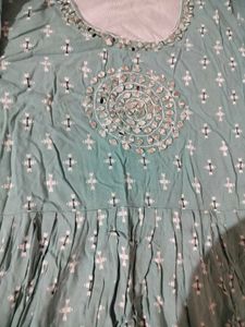 Elegant Teal Printed Kurta with Mirror Work