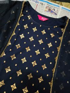 Elegant Navy Blue Kurta Set with Golden Print