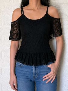 Chic Black Cold Shoulder Lace Top