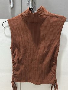 Brown Ribbed Mock Neck Top