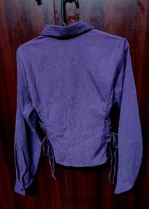Purple Textured Button-Up Shirt with Side Tie Deta