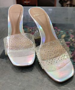 Transparent Chunky Silver Shining Sparkling Heels