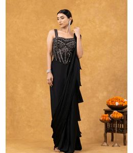 🌸 Shining Black Ruffle Saree 🌸