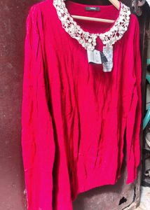 Chic Red Top with Lace Collar