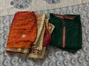 Green Kurta Set with Orange Dupatta
