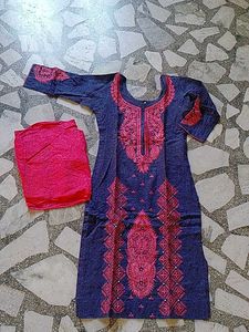 Embroidered Blue & Pink Kurta Set