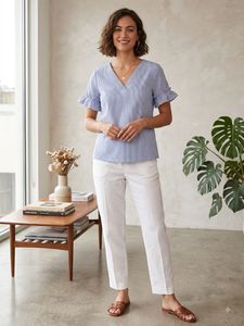 Striped V-Neck Ruffle Sleeve Top