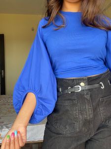 Blue Solid Crop Top With Back Details