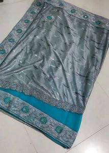 Elegant Grey &amp; Teal Saree with Blouse