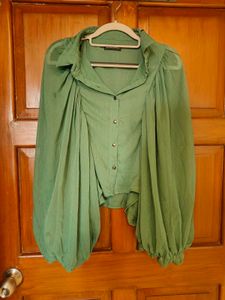 Chic Green Balloon Sleeve Blouse