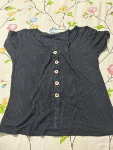 Black Ribbed Button-Up Top