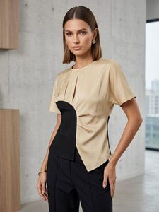 Chic Beige & Black Asymmetrical Top