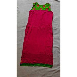 Beautiful Pink Kurta with Green Embellished Neckli