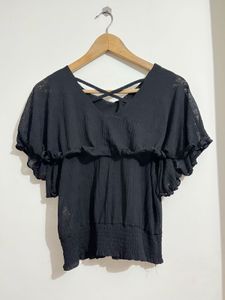 Chic Black Criss-Cross Back Puff Sleeve Top