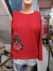 Red Cold Shoulder Sweater with Floral Applique