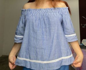 Blue Striped Off-Shoulder Top