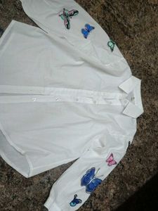 Butterfly Embellished White Button-Up Shirt