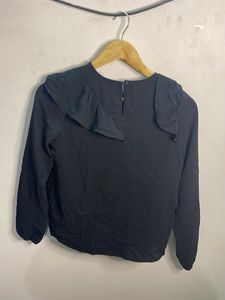 Black Ruffle Detail Long Sleeve Top