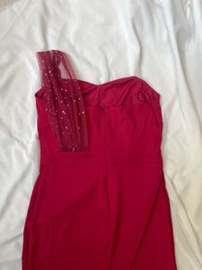 Red One-Shoulder Beaded Maxi Dress
