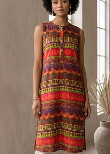 Vibrant Ethnic Print Sleeveless Kurta(Multicolor)