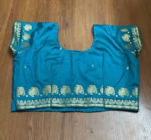 Teal Silk Blouse with Gold Print