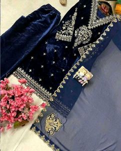 Navy Blue Velvet Kurta Set