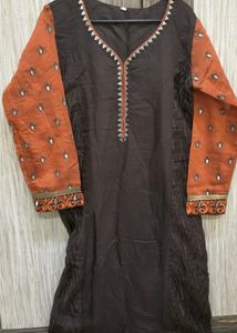 Elegant Brown Kurta with Orange Sleeves