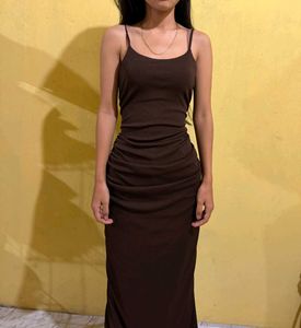 Brown Ruched Spaghetti Strap Dress