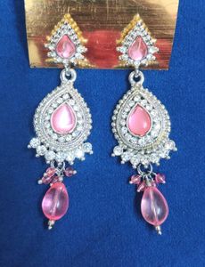 Silver AD KUNDAN pink Pearl Drop Earrings
