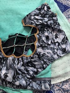 Beautiful Teal Saree with Polka Dots and Blouse