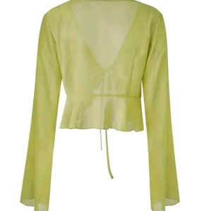 Newme GREEN Ruffled Neck Long Sleeve Top