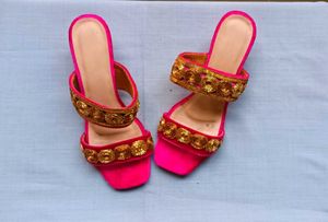 Hot Pink Embellished Block Heels