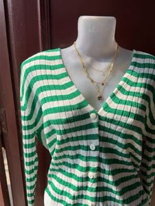 Green &amp; White Striped Cardigan