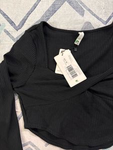 Newme Black Ribbed Twist Front Crop Top