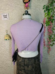 Lavender Tie-Front Ribbed Cardigan