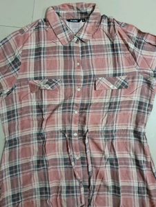 Checked Shirt Dress for Women with Waist Tie