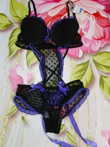 (1135)Black &amp; Purple Lingerie Set