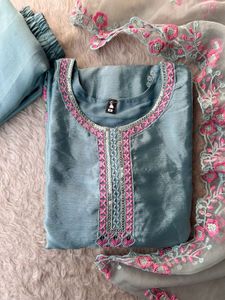 Elegant Blue Kurta Set with Pink Embroidery