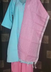 BrandNewKhadiCotton SkyBlueKurtiSetWithPinkColorP