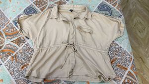 Beige Drawstring Waist Button-Up Top